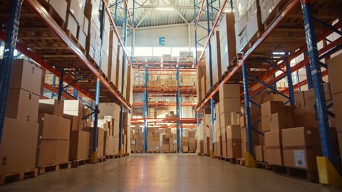 Big Retail Warehouse full of Shelves with Goods in Cardboard Boxes and Packages. Logistics, Sorting and Distribution Facility for Product Delivery. Low Moving Backward Between Rows of Shelves Camera