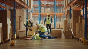 Warehouse Worker Has Work Related Accident Falls while Trying to Pick Up Cardboard Box from the Shelf. Colleagues Call for Help and Medical Assistance. Injury at Work. Slow Motion - Powered by Shutterstock - Get 15% off with code: PIKWIZARD15