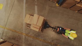 Top-Down Elevating View: Worker Moves Cardboard Boxes using Hand Pallet Truck, Walking between Rows of Shelves with Goods in Retail Warehouse. People Work in Product Distribution Logistics Center - Powered by Shutterstock - Get 15% off with code: PIKWIZARD15