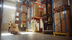 Retail Warehouse full of Shelves with Goods: Electric Forklift Truck Operator Lifts Pallet with Cardboard Box on a Shelf. People Working, Scanning Products, Using Trucks in Logistics Delivery Center - Powered by Shutterstock - Get 15% off with code: PIKWIZARD15