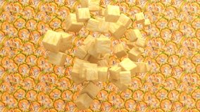 Tropical exotic yellow fresh sweet juicy pineapple fruit abstract art background, ripe hawaiian tasty ananas 3d render animation, vegetarian diet and hello summer creative concept.