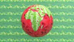 Fresh juicy ripe tasty watermelon fruit motion background, sweet dessert of vegetarian diet seamless looping abstract art, rotating earth planet and world globe concept graphic design, 3d animation.