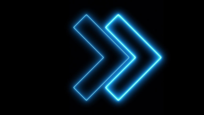 Video footage of glowing right neon Blue arrows. Looped Neon Lines abstract VJ background. Futuristic laser background. Seamless loop. Arrows flashing on and off in sequence. Matrix beam fashion show