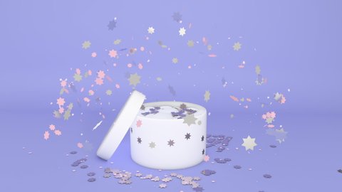 Open gift box with animated flying confetti. 3d rendering, seamless loop animation