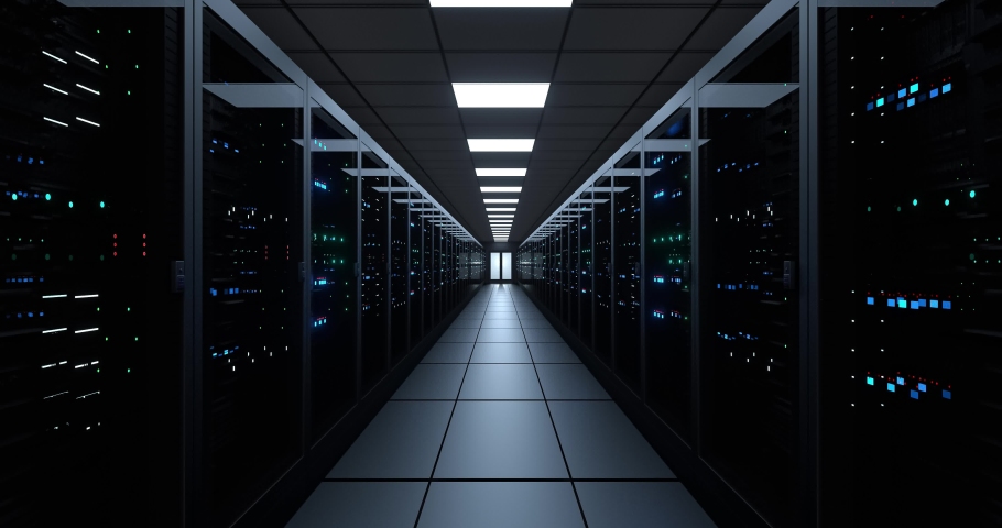 Black Server Room in modern data center. Cloud computing data storage 3d rendering. Digitalization of Information. Animation of Moving Cloud Network of Future Technology in Server Room | Shutterstock HD Video #1059210542