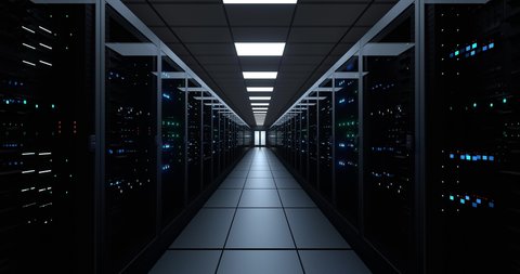 Black Server Room in modern data center. Cloud computing data storage 3d rendering. Digitalization of Information. Animation of Moving Cloud Network of Future Technology in Server Room