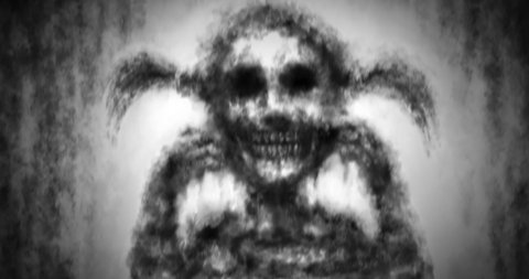 Scary small girl walks along dark corridor and creepy smiles, revealing her skull. Animation with devilish character. Motion graphics in horror fiction genre. Black and white background for Halloween.