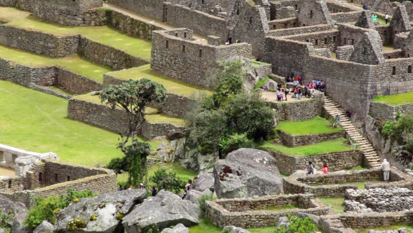 The ruins of Machu Picchu as seen from above in Peru.