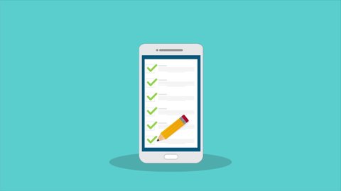 Check list document on smartphone, smartphone with paper check list and to do list with checkboxes, concept of survey, online quiz, completed things or done test, feedback.