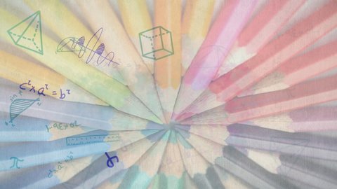 Animation of floating multiple mathematical equations with multiple colored pencils in the background. Education back to school concept digitally generated image.