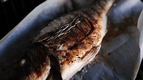 Sea bass fish grill for dinner in seafood restaurant.Cooking whole Asian seabass on parchment paper in close up video clip.Delicious sea food being prepared for dinner in closeup footage
