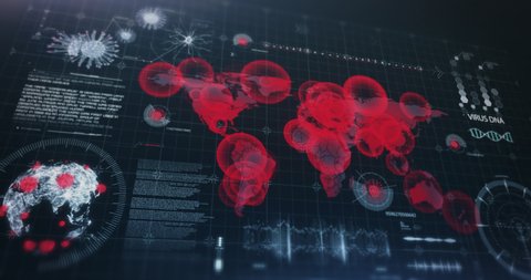 Virus spreading world map, highly detailed HUD interface, covid-19 global pandemic, alarm on the doctor's monitor 3D render graphics animation