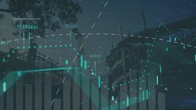 Digital composite video of Financial data processing over world map against construction site. Global finances and business concept - Powered by Shutterstock - Get 15% off with code: PIKWIZARD15