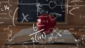 Digital composite video of Mathematical equations and formula over apple on open book and black board against wooden background. Education and school concept - Powered by Shutterstock - Get 15% off with code: PIKWIZARD15
