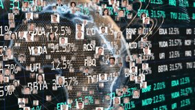 Digital composite video of Stock market data processing over against profile icons forming a globe. Global economy stock market and Global networking concept - Powered by Shutterstock - Get 15% off with code: PIKWIZARD15