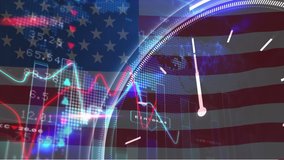 Digital composite video of Digital clock ticking and Financial data processing against US flag waving. Global economy and finances concept - Powered by Shutterstock - Get 15% off with code: PIKWIZARD15