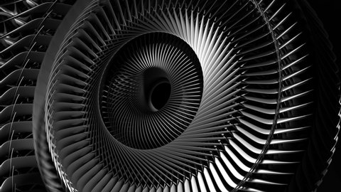 3d video loop of abstract black and white art of surreal 3d background with part of a turbine jet engine with sharp blades in matte metal material, funnel in a spiral pattern with a hole in the centre