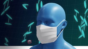 Animation of rotating DNA strand and Covid 19 cells spreading over model of human head wearing face mask. Global coronavirus pandemic concept digitally generated image. - Powered by Shutterstock - Get 15% off with code: PIKWIZARD15