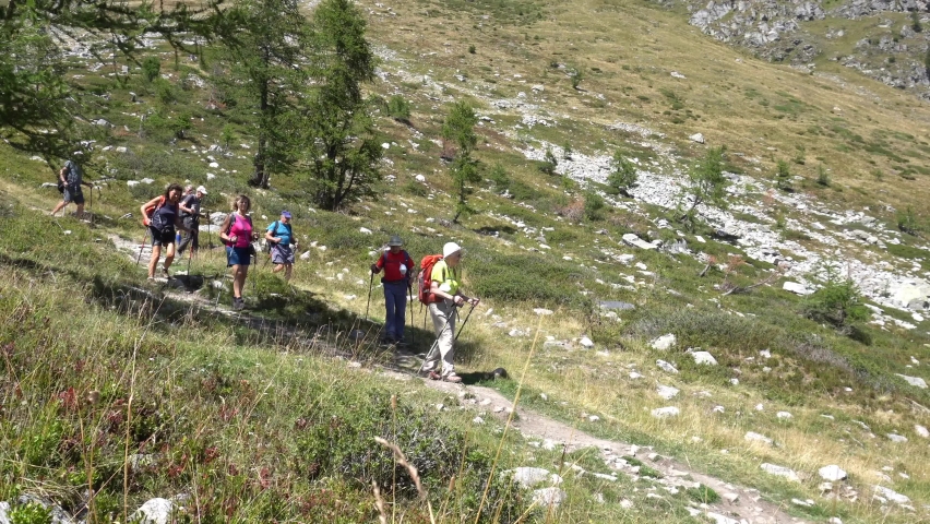 Italy , Alps Devero august 2020 - 
group of tourists of various ages hiking in the mountains with sports equipment, backpack, walking sticks | Shutterstock HD Video #1059246215