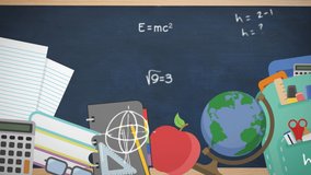 Digital animation of Multiple school concept icons moving against mathematical equations and symbols on blackboard - Powered by Shutterstock - Get 15% off with code: PIKWIZARD15