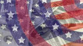 Animation of circles spinning with American flag  stars and stripes with American dollar banknotes spinning. Finance patriotism concept digitally generated image. - Powered by Shutterstock - Get 15% off with code: PIKWIZARD15