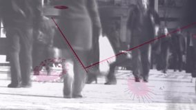 Animation of financial data processing with red Covid 19 coronavirus cells over commuters walking in the background. Global coronavirus pandemic concept digitally generated image. - Powered by Shutterstock - Get 15% off with code: PIKWIZARD15