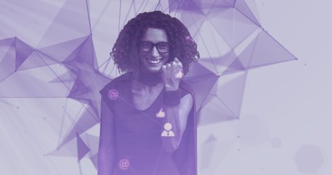 Animation of portrait of woman dressed as superwoman smiling with multiple purple social media icons on white background. Global networking connections concept digital composite.