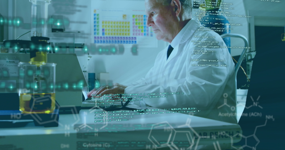 Animation of data flowing over a view of a male laboratory worker using a computer during the research. Covid 19 pandemic health care science medicine concept digital composite. | Shutterstock HD Video #1059253928