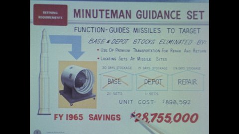 1960s: McNamara points to charts showing how to reduce spending, Minuteman missile cost reduction plan on poster.