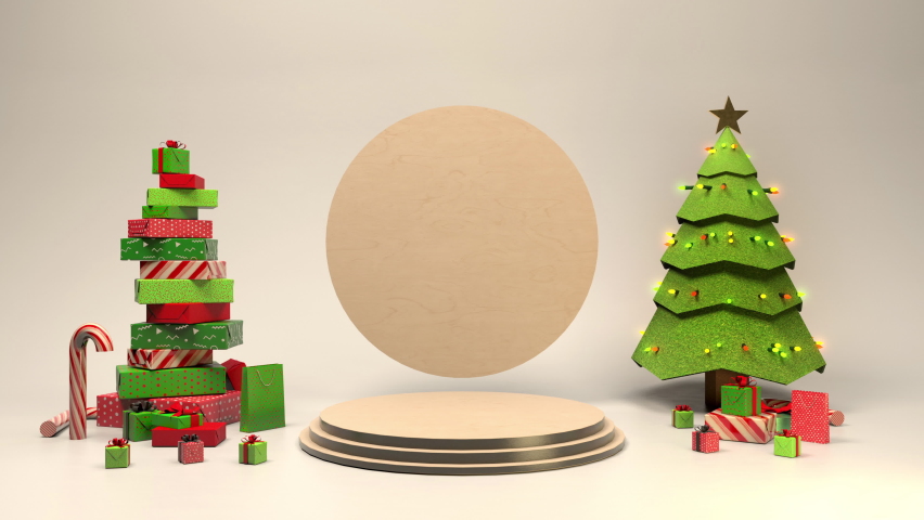 3D Animated Christmas Scene with copyspace room for your text. Tree and gifts and candy cane's make this festive scene a treat.  Royalty-Free Stock Footage #1059255701