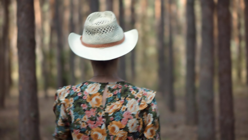 Holiday Vacation Tourist Trip In Forest Warm Day. Active Woman In Hat Walking On Tree. Beautiful Healthy Girl In Dress Walking In Greenwood. Carefree Female Exploring Green Forest In Sunny Time Royalty-Free Stock Footage #1059262328