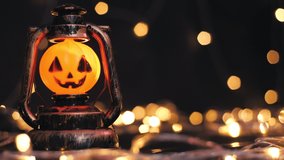 Halloween pumpkins on a horror black with light bokeh background. Holiday Halloween, Backdrop of halloween theme. copy space - Powered by Shutterstock - Get 15% off with code: PIKWIZARD15