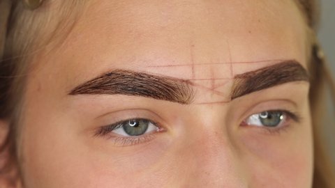Professional modern trendy styling, correction, coloring and lamination procedures of girl eyebrows in beauty salon. Closeup view of client face with painted brows.