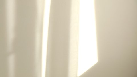 Morning sun lighting the room, shadow background overlays. Waving white tulle near the window.