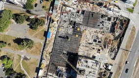 Fly over construction site, aerial drone video