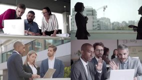 Collage of various business people discussing project. Confident young workers using laptop, talking and sitting in office. Split screen collage. Communication and technology concept