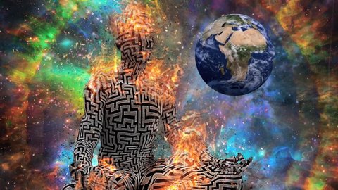 Surrealism. Burning figure of man with maze pattern in lotus pose. Vivid universe on background
