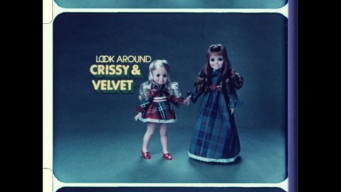1970s USA Velvet & Crissy Doll by Ideal Toy Corporation. Young Girls with Animatronic Doll Wave from Window.  4K Overscan of Archival 16mm Film of Vintage Television Commercial Advertisment