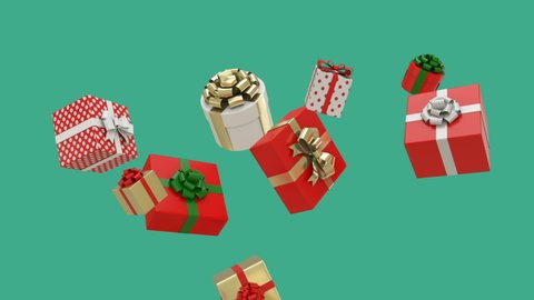 Slow motion of Christmas gift boxes floating and falling on green background. Christmas and birthday concept. 3D render with luma matte.
