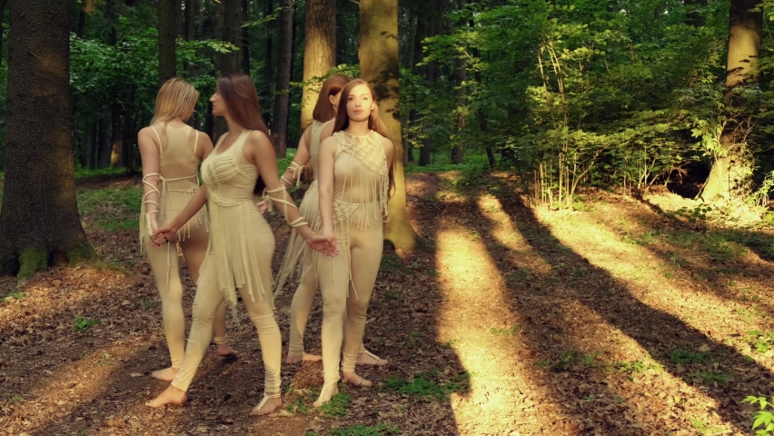 A group of beautiful young females dancing holding hands in the forest. Beautiful rays of the sun.