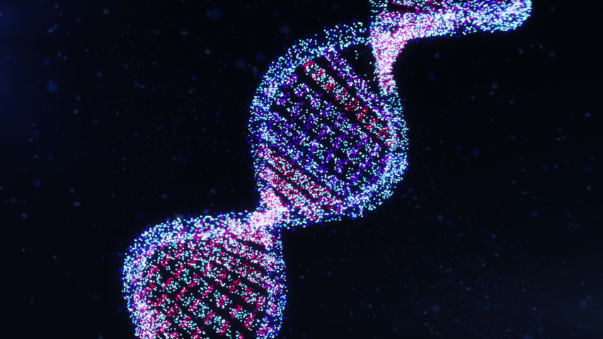 On the dark background abstract glittering DNA double helix with depth of field animation of DNA construction medical chromosomes physical science blue scientific test code genomic slow motion