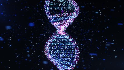 Close up abstract glittering DNA double helix with depth of field animation of DNA construction medical chromosomes physical science blue scientific test code genomic slow motion