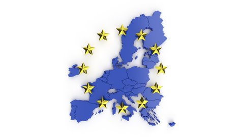 Blue map and the yellow stars, symbol of the EU formed by the countries of its composition falling from top to bottom on a white background. 