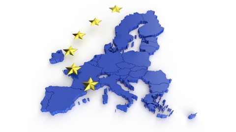 Blue map and the yellow stars, symbol of the EU formed by the countries of its composition falling from top to bottom on a white background.