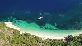 Aerial drone video of beautiful paradise turquoise sea sandy beach and bay of Gidaki accessible by short hiking in beautiful Ionian island of Ithaki or Ithaca, Greece