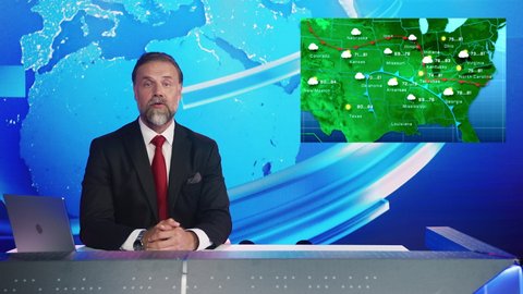 News Studio Anchor Presenter Talks about Weather Map