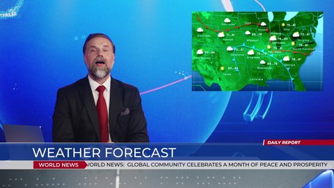 Live News Studio Professional Anchor Reporting on Weather Forecast. Weatherman, Meteorologist, Reporter in Television Channel Newsroom with Video Screen Showing Weather Synoptic Map Chart