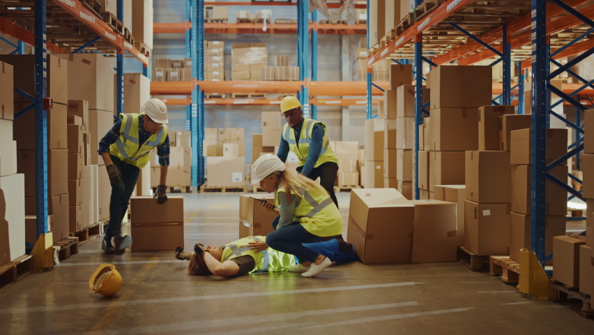 Warehouse Worker Has Work Related Accident Falls while Trying to Pick Up Cardboard Box from the Shelf. Colleagues Call for Help and Medical Assistance. Injury at Work. Slow Motion Royalty-Free Stock Footage #1059312605