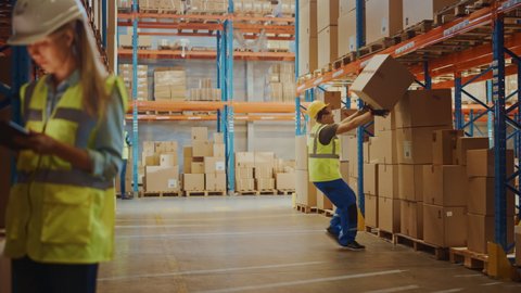 Warehouse Worker Has Work Related Accident Falls while Trying to Pick Up Cardboard Box from the Shelf. Colleagues Call for Help and Medical Assistance. Injury at Work. Slow Motion