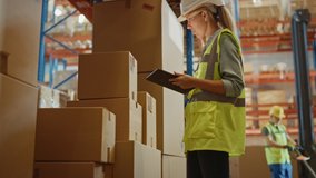 Retail Warehouse full of Shelves with Goods in Cardboard Boxes, Female Worker Scans and Sorts Packages for Delivery. Loaders Move Products with Pallet Trucks. Distribution Logistics Center. Low Angle - Powered by Shutterstock - Get 15% off with code: PIKWIZARD15